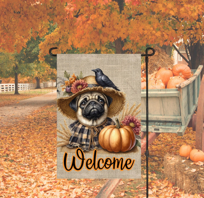 An adorable Pug puppy dog ready for Fall in his Scarecrow accents.