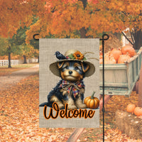 A Welcome Fall Harden Flag with an adorable Yorkshire Terrier Scarecrow.