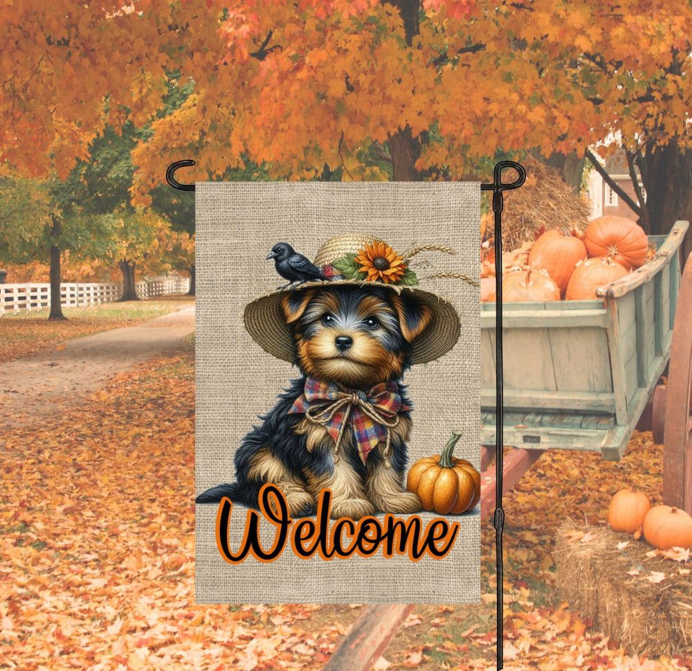 A Welcome Fall Harden Flag with an adorable Yorkshire Terrier Scarecrow.