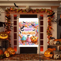 An adorable Halloween Garden Flag featuring pastel Halloween Candy and bats