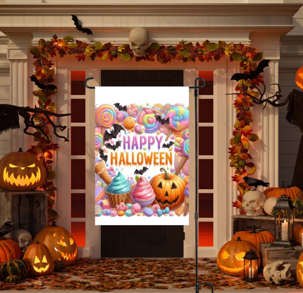 An adorable Halloween Garden Flag featuring pastel Halloween Candy and bats