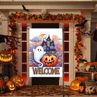 An adorable Halloween Garden Flag featuring an adorable Ghost with his Jack O Lantern friends and his Haunted House.