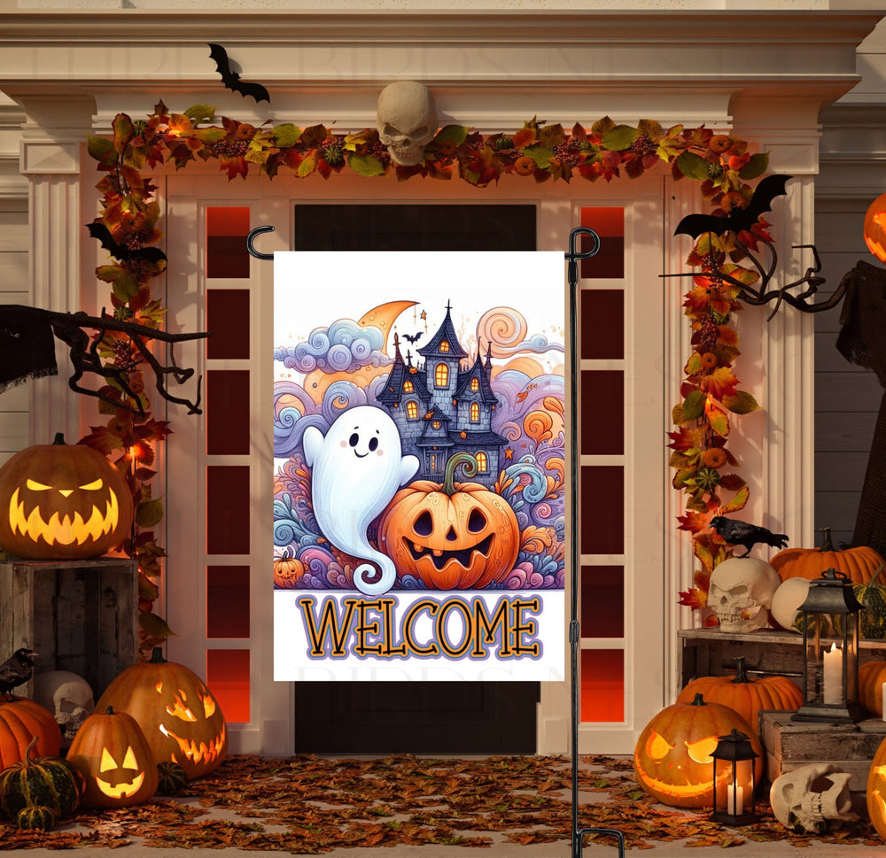 An adorable Halloween Garden Flag featuring an adorable Ghost with his Jack O Lantern friends and his Haunted House.