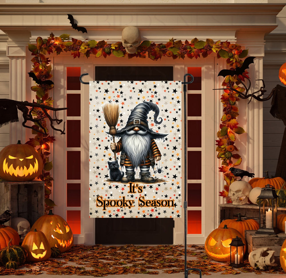 A perfect Halloween Garden Flag featuring an adorable Witch Gnome with his black Cat celebrating Spooky Season.