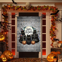 An adorable Halloween Garden Flag featuring a group of Black Cats and a Happy Halloween message.