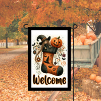 A perfect Halloween Garden Flag featuring an adorable Witch and Jack O Lantern in a decorated stocking.