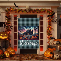 An adorable Halloween Garden Flag featuring a Haunted Farm and Welcome message.