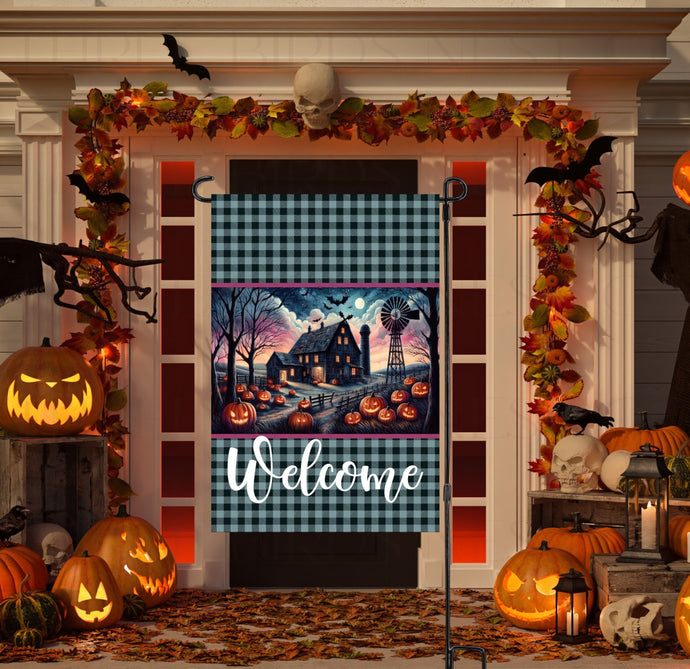 An adorable Halloween Garden Flag featuring a Haunted Farm and Welcome message.