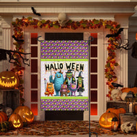 An adorable Halloween Garden Flag featuring a group of Monsters with their Halloween sign on a background of colorful eye balls.