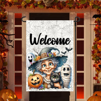 An adorable Halloween Garden Flag featuring a Witch and her friends on a spider web background.