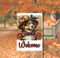 An adorable Red and Tan Merle Australian Shepherd Puppy Dog dressed as a Scarecrow with a Welcome Fall message.