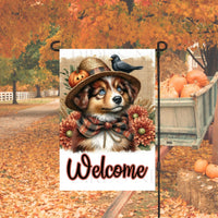 An adorable Red and Tan Merle Australian Shepherd Puppy Dog dressed as a Scarecrow with a Welcome Fall message.