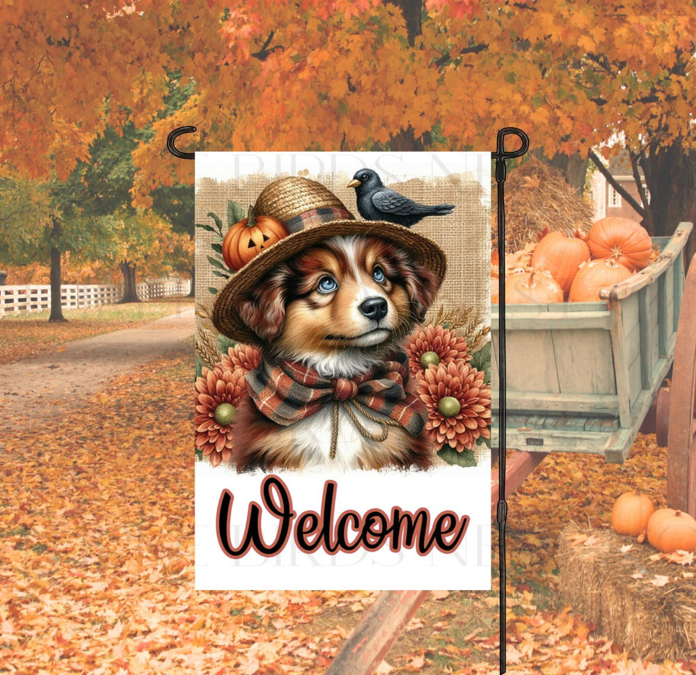 An adorable Red and Tan Merle Australian Shepherd Puppy Dog dressed as a Scarecrow with a Welcome Fall message.