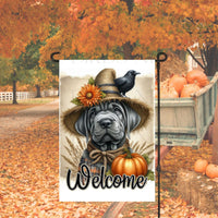 An adorable grey Cane Corso Mastiff Puppy Dog dressed as a Scarecrow with a Welcome Fall message.