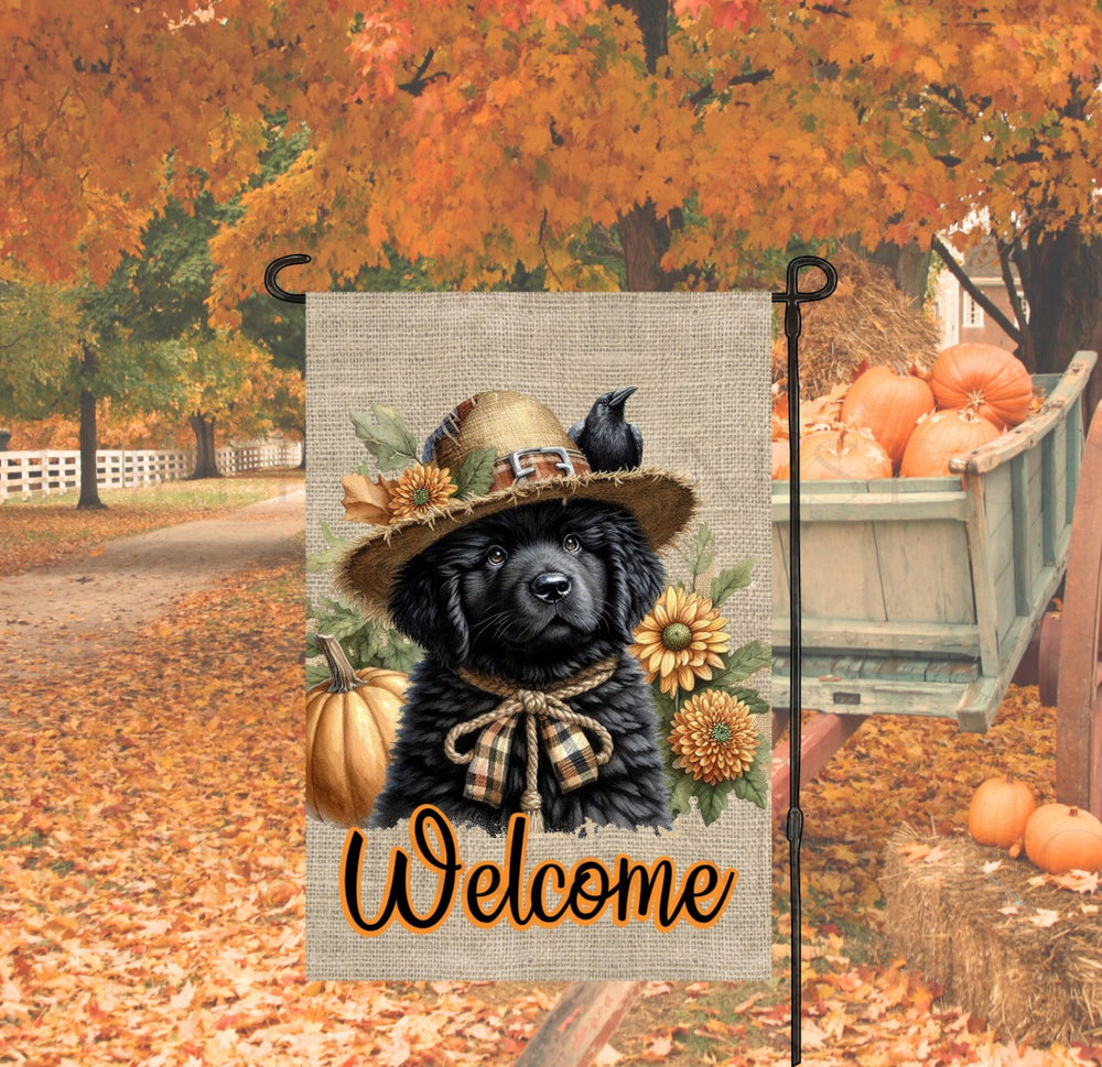 An adorable black Newfoundland Puppy Dog dressed as a Scarecrow with a Welcome Fall message.