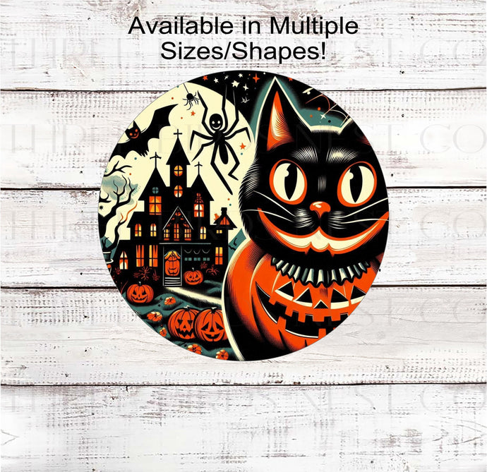 An adorable vintage look Halloween sign that features a black cat with a haunted house and full moon.