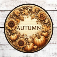 A beautiful Autumn sign that looks like carved pumpkins, sunflowers and leaves.