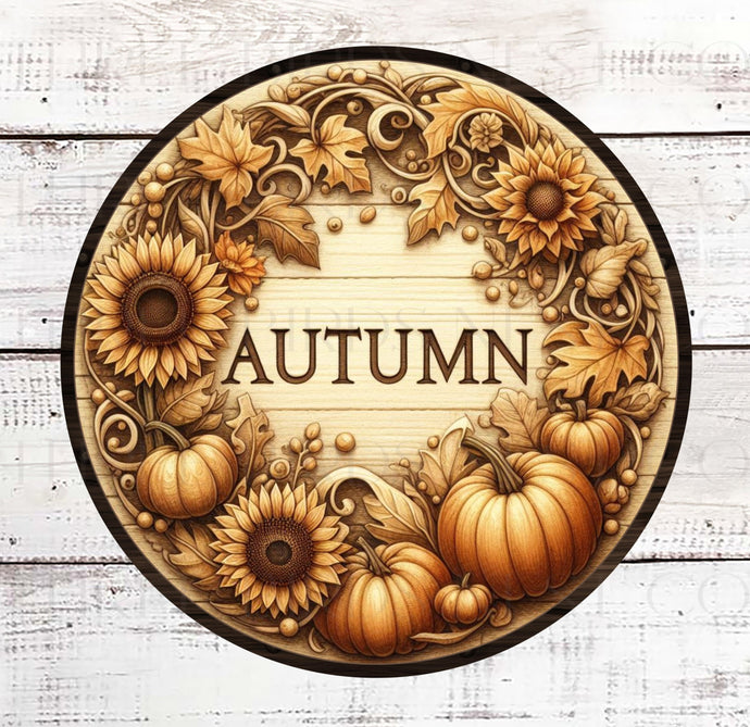 A beautiful Autumn sign that looks like carved pumpkins, sunflowers and leaves.