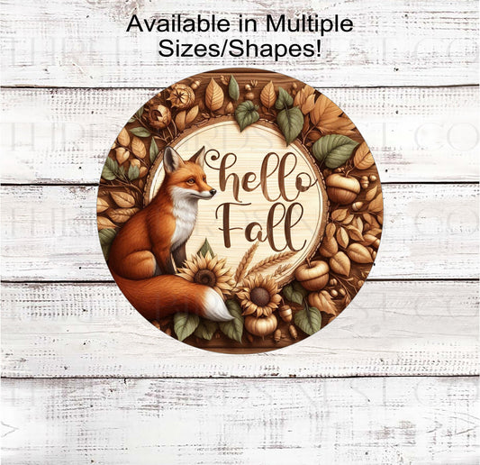 A beautiful Hello Fall sign that looks like a carved Fox with sunflowers, leaves and pumpkins.