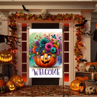 A perfect Halloween Garden Flag featuring an adorable Jack O Lantern with bright flowers