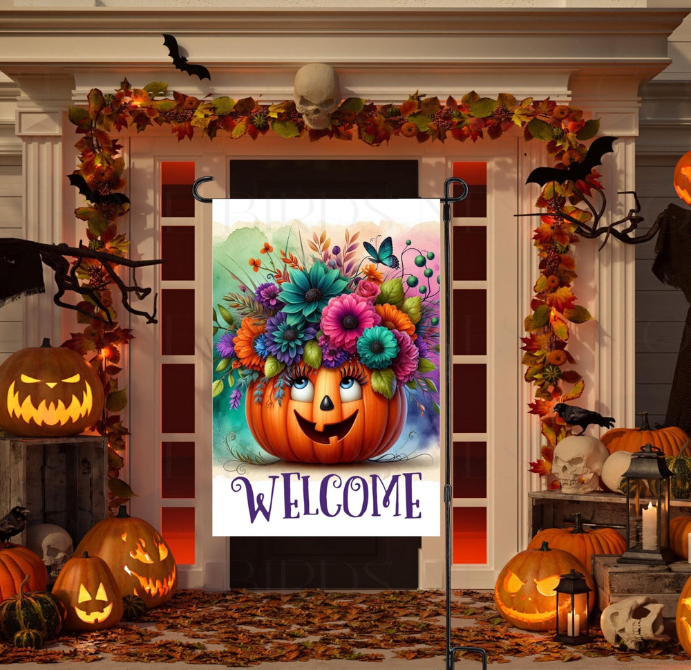 A perfect Halloween Garden Flag featuring an adorable Jack O Lantern with bright flowers