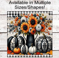 
              Fall Wreath Sign - Chinoiserie Pumpkins - Buffalo Plaid - Sunflowers - Autumn Leaves
            