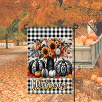 A perfect Fall Garden Flag featuring black and white Chinoiserie Pumpkins with sunflowers and Autumn Leaves.