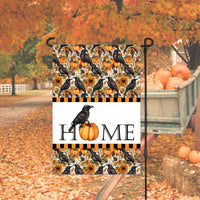 A beautiful primitive Fall Home Garden Flag with a black Crow and Pumpkin pattern.