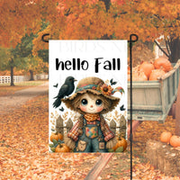 An adorable Scarecrow with his black Crow friend saying hello Fall!