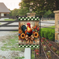 A beautiful rustic Garden Flag featuring a colorful Rooster Sunflowers, florals and a burlap bow.