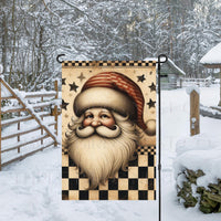 A primitive Santa Claus Garden Flag that is perfect for your Retro and Vintage Christmas decor.