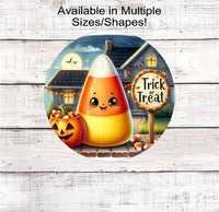 
              A Trick or Treat sign with an adorable Candy Corn and and Jack O Lantern candy bucket
            