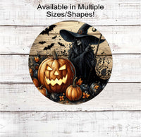 
              A rustic, spooky sign with Witch and glowing jack o lantern and black pumpkins on a wood-look background.
            