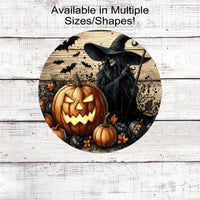 A rustic, spooky sign with Witch and glowing jack o lantern and black pumpkins on a wood-look background.