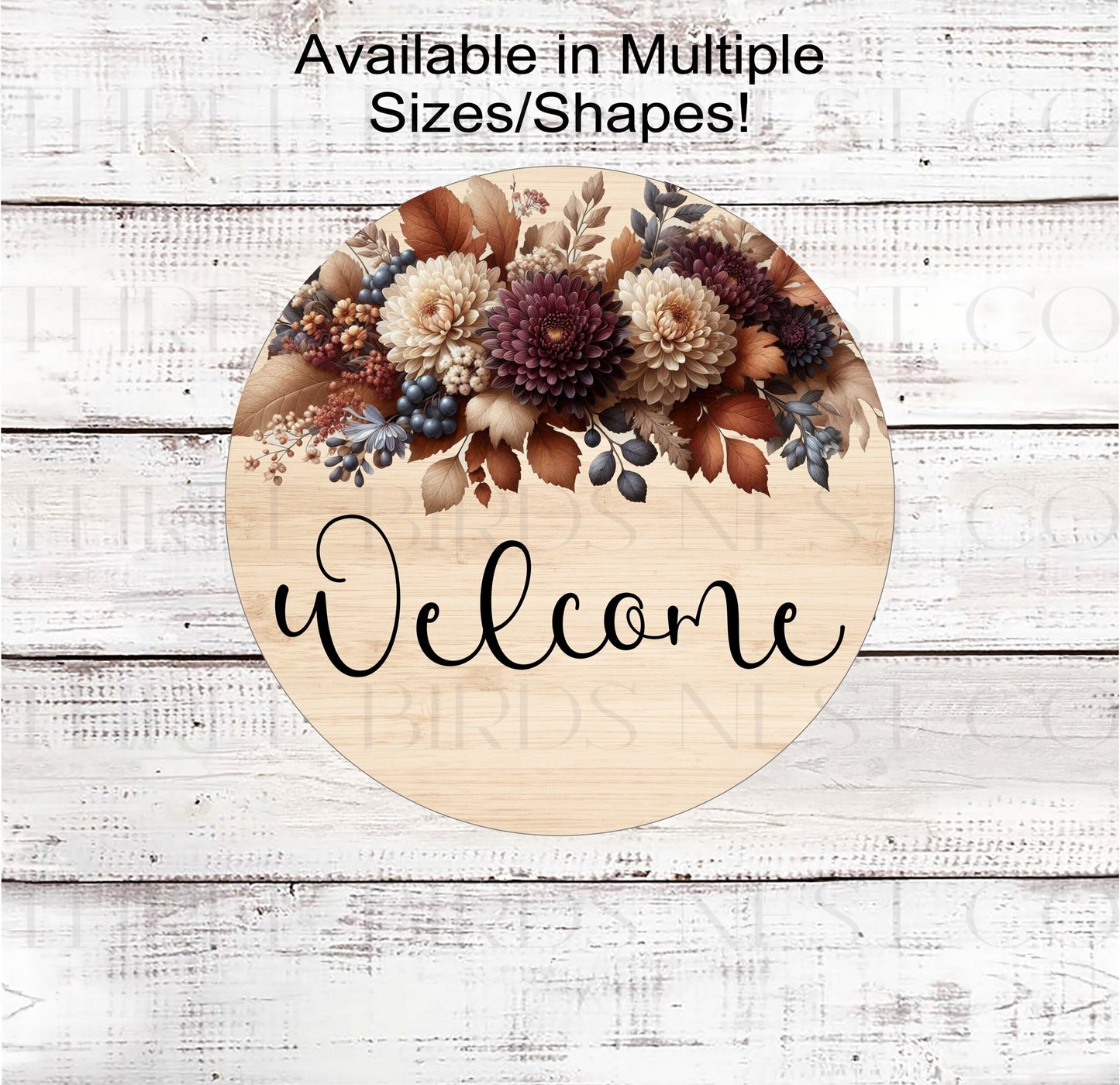 A beautiful Welcome Wreath Sign with Mums and Fall Florals on a rustic wood look background.