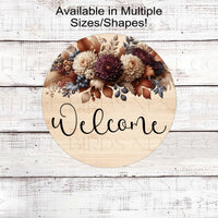 A beautiful Welcome Wreath Sign with Mums and Fall Florals on a rustic wood look background.