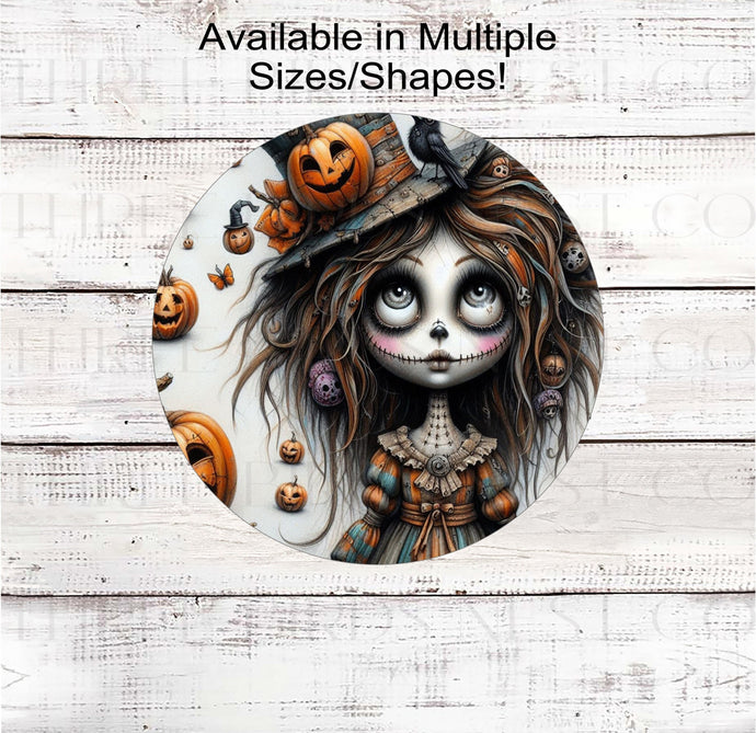 A spooky Zombie Girl with her top hat and jack o lanterns in a steampunk-style Halloween sign.