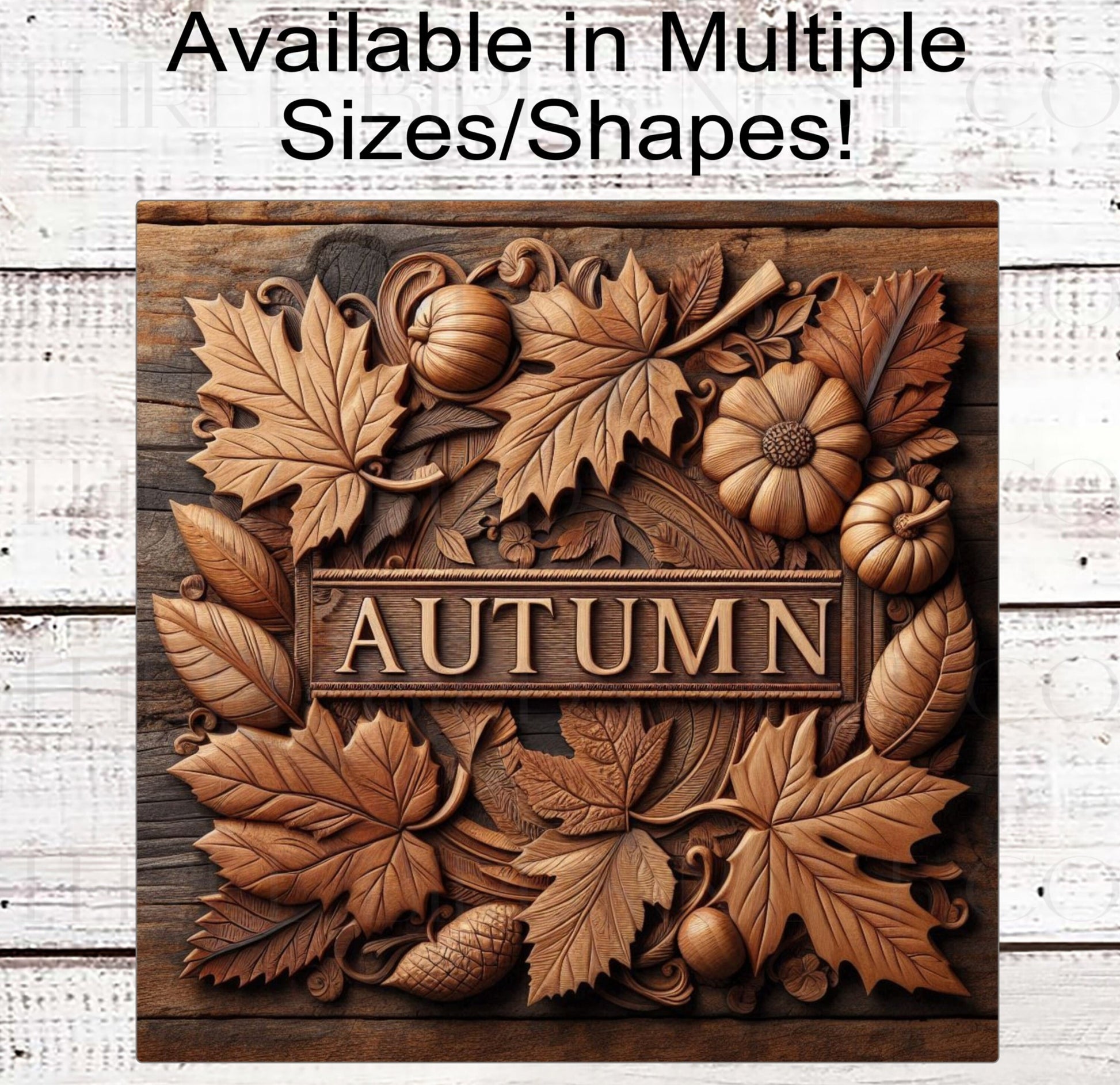 Autumn Wreath Sign - Carved Pumpkins - Fall Leaves - Rustic Farmhouse