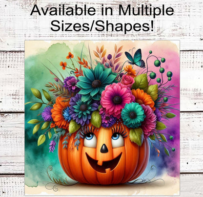 Halloween Jack O Lantern Wreath Sign - Fall Flowers - Cute Pumpkin Decor