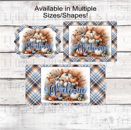 Fall Wreath Sign - White and Blue Pumpkins - Sunflowers - Autumn Leaves - Pastel Fall