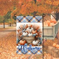 A beautiful Autumn Garden Flag with a colorful display of pumpkins and flowers.