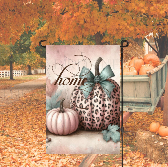 A beautiful Fall Home Garden Flag with pink and leopard print pumpkins.