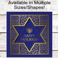 Happy Hanukkah Wreath Sign - Menorah Candles - Wishing Peace and Light - Star of David