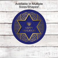 
              A beautiful Happy Hanukkah sign with gold accents and the Star of David
            