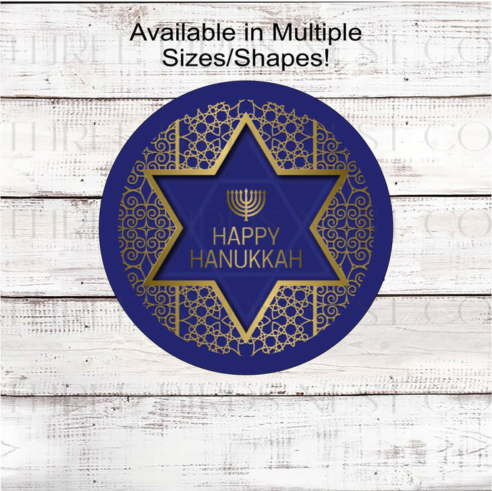 A beautiful Happy Hanukkah sign with gold accents and the Star of David