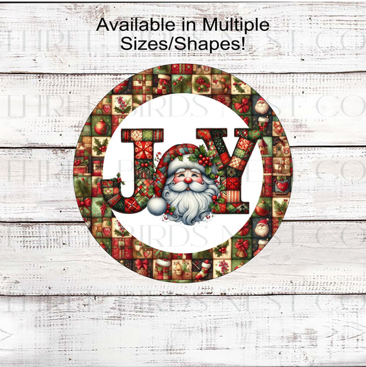 A beautiful Christmas Wreath Sign with Joy and Santa Claus with patchwork quilt details.