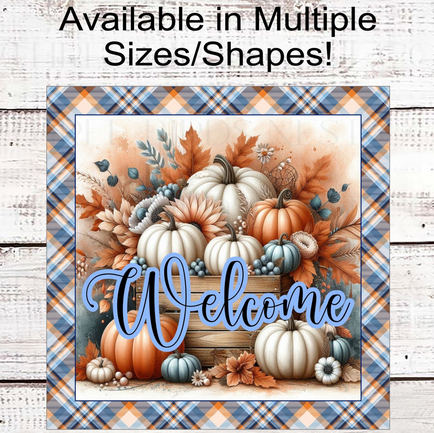 Fall Wreath Sign - White and Blue Pumpkins - Sunflowers - Autumn Leaves - Pastel Fall