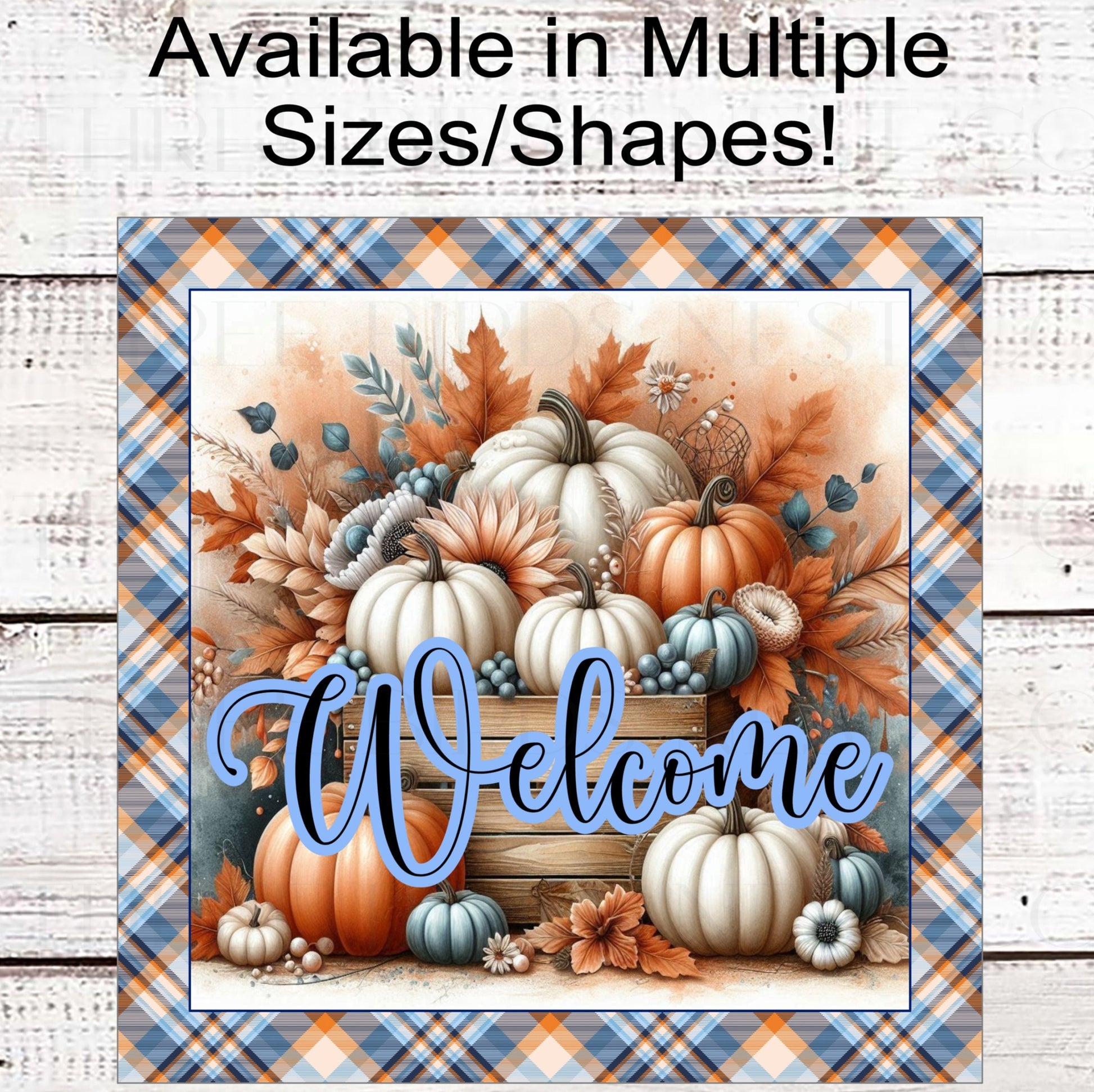 Fall Wreath Sign - White and Blue Pumpkins - Sunflowers - Autumn Leaves - Pastel Fall