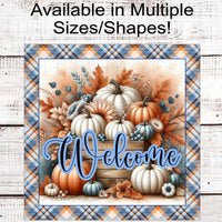 Fall Wreath Sign - White and Blue Pumpkins - Sunflowers - Autumn Leaves - Pastel Fall