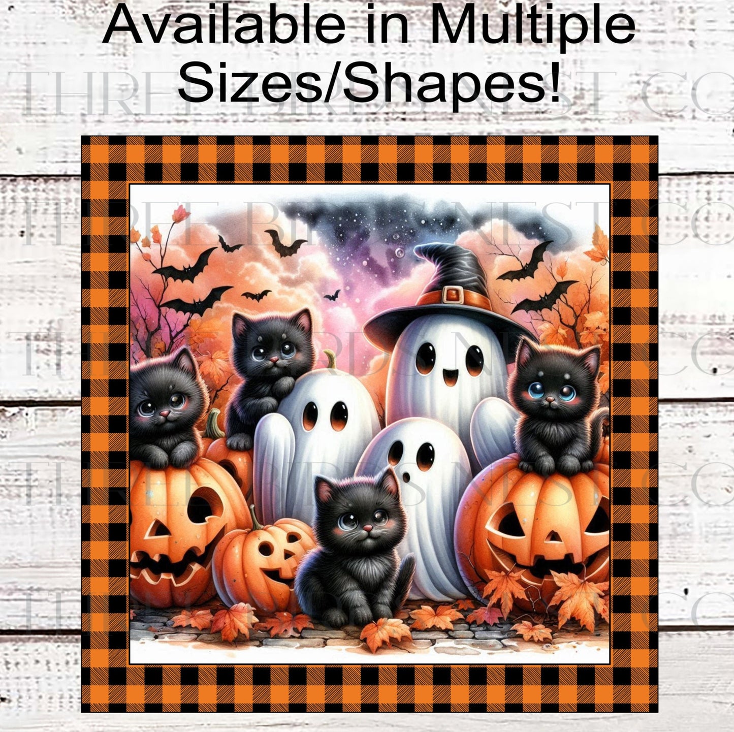 Halloween Ghost Wreath Sign - Black Cats - Spooky Bats - Buffalo Plaid
